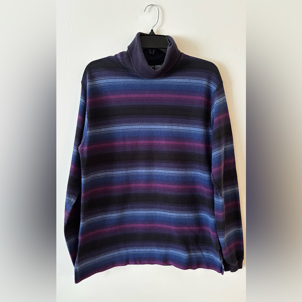 Lands’ End vintage blue purple black striped long sleeve casual turtleneck shirt